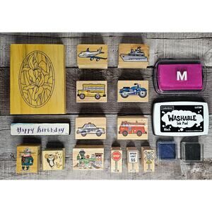 18 Piece Bundle Stamp Set Stained Glass Rail Road Vehicle Ink